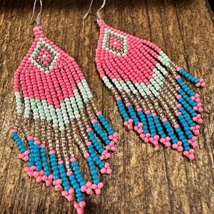 Navajo-Inspired Boho Seed Bead Dangle Earrings in Pink and Blue, Gift-Ready Box